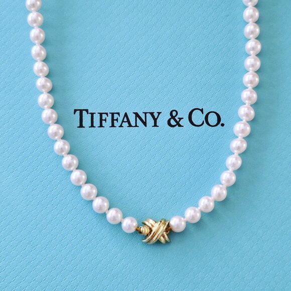 Tiffany & Co. Jewelry - Vintage Tiffany & Co. 18k Signature X 5-5.5 mm Natural Akoya Pearl Necklace 18”